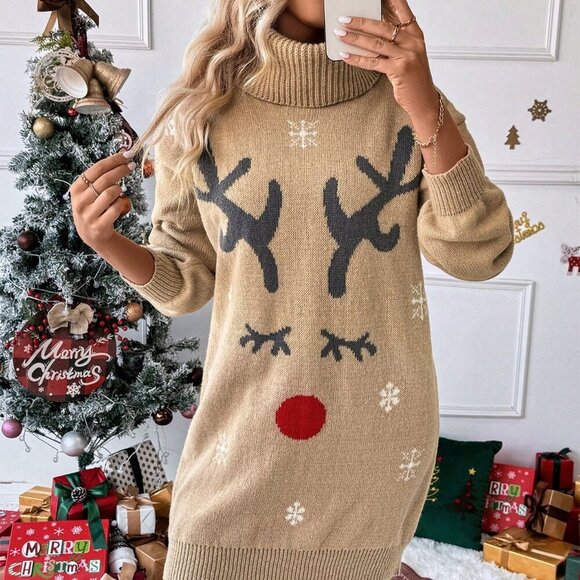 Multicolor Casual Women's Christmas Reindeer Print Lantern Sleeve Sweater Dress - Picture 3 of 7
